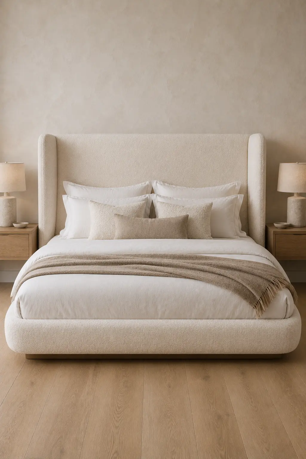 Tall ivory wingback bed featuring an oversized upholstered headboard with softly curved side wings, thick rounded platform base, layered crisp white bedding, textured beige cushions and throw, simple wood nightstands, and neutral table lamps in an elegant modern bedroom.
