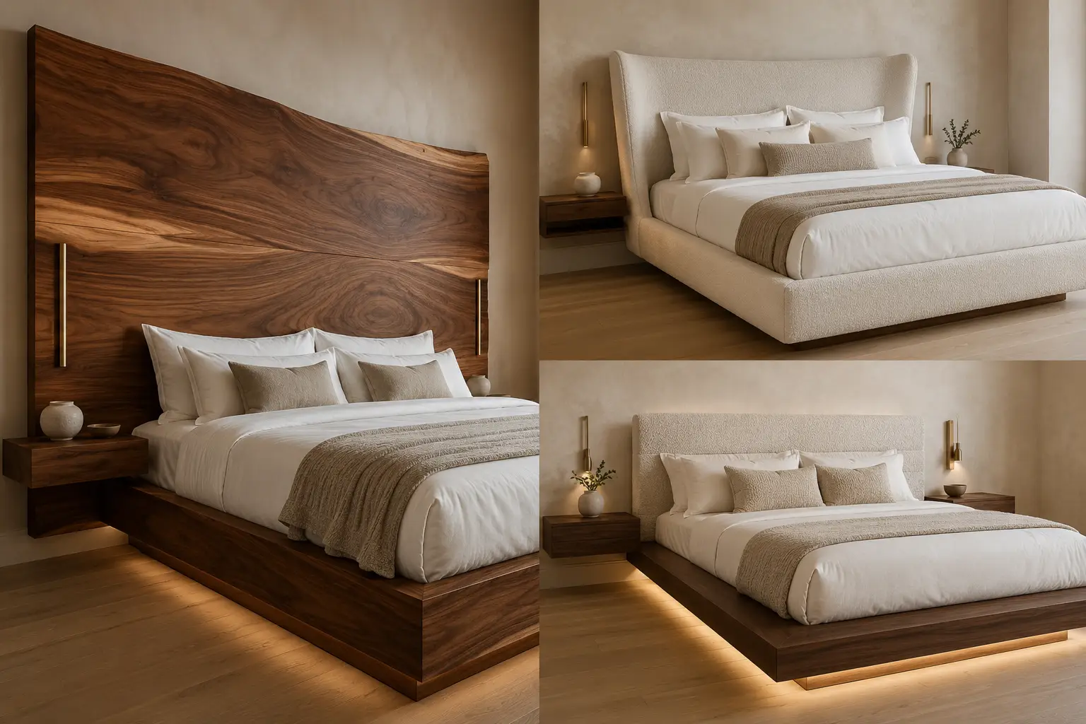 Luxury bed frame designs collage featuring three modern bedroom ideas, including a dramatic walnut platform bed with an oversized natural wood headboard, an ivory upholstered wingback bed, and a floating walnut platform bed with warm under bed lighting, layered white bedding, neutral textures, and elegant contemporary styling.