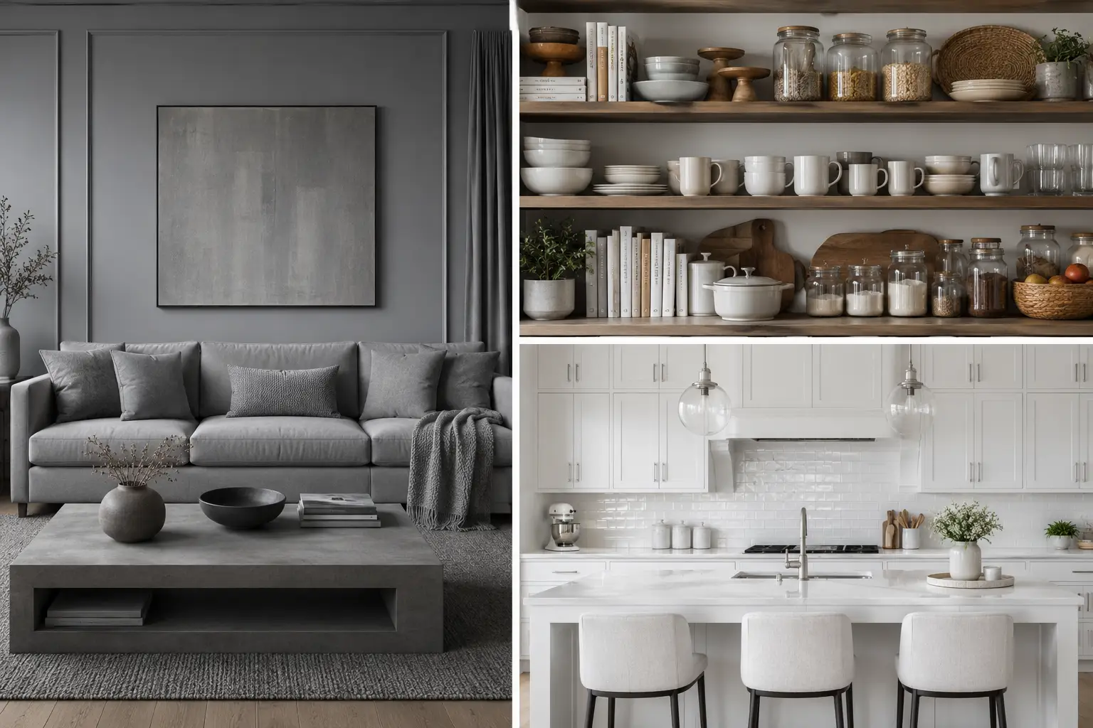 Featured collage for outdated home decor trends featuring a monochromatic all gray living room, overcrowded kitchen open shelves filled with dishes and storage jars, and an all white kitchen with white cabinets, countertops, backsplash, island, and stools, highlighting popular interior design choices that are starting to feel dated.