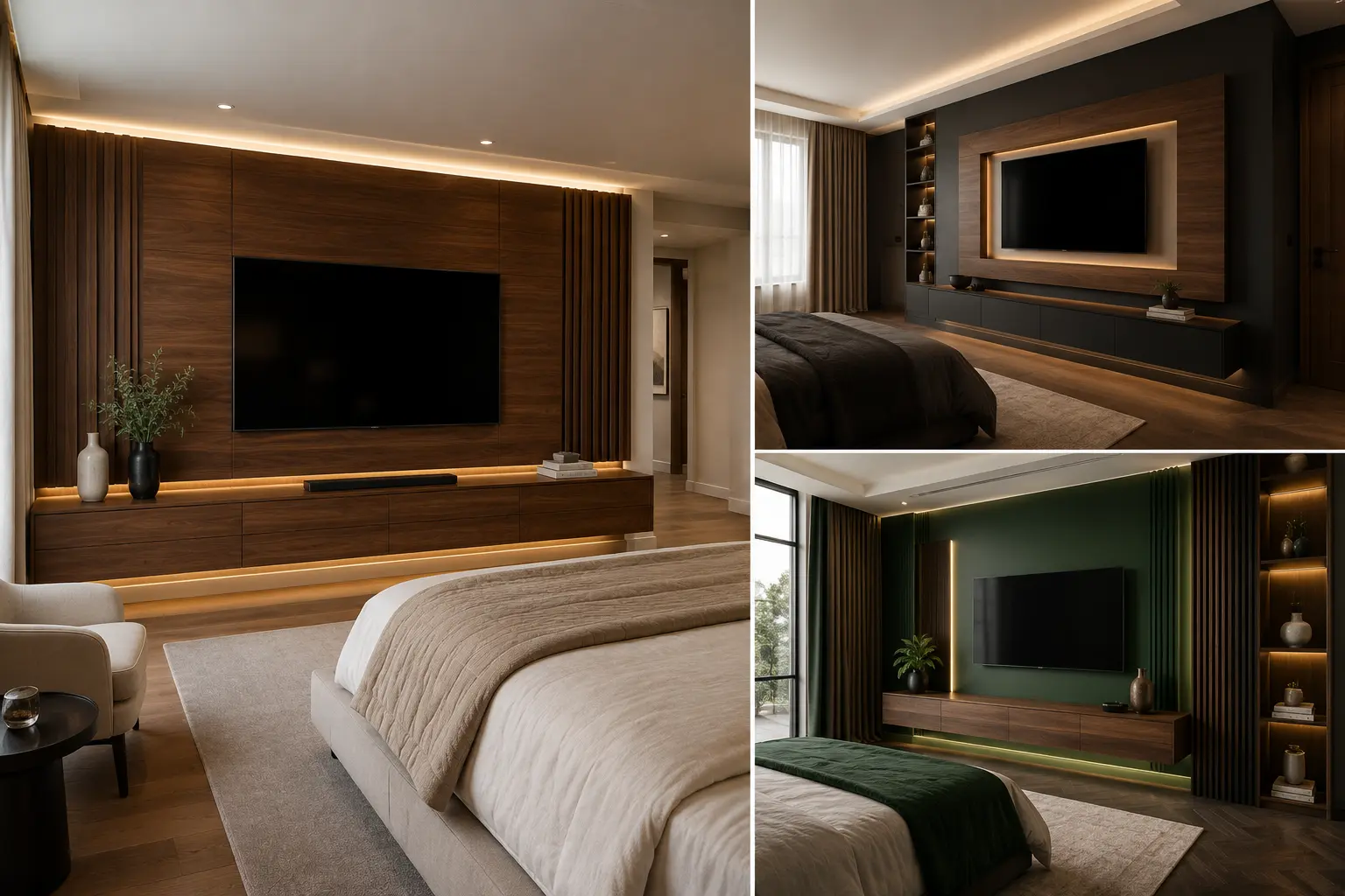 Modern bedroom TV wall Ideas collage featuring three stylish contemporary couples bedrooms, including a warm walnut TV feature wall with vertical wood detailing, a dramatic charcoal and walnut TV wall with built-in shelving and ambient lighting, and a deep emerald green TV wall with walnut cabinetry and illuminated architectural details. Each interior features a large black flat screen television, floating media console, warm LED lighting, neutral luxury bedding, sophisticated modern decor, and refined architectural styling.