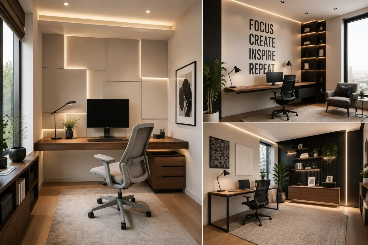 modern small office ideas collage featuring three sophisticated contemporary workspace designs, including geometric illuminated wall panels, oversized motivational typography, warm architectural LED lighting, walnut desks, ergonomic office chairs, minimalist monitors, built-in shelving, indoor plants, black cabinetry, neutral textured rugs, and stylish modern workspace interiors designed for productivity and inspiration.