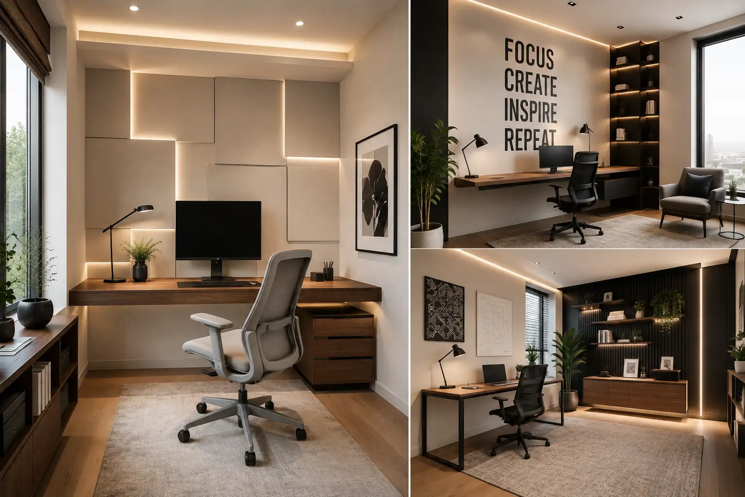 modern small office ideas collage featuring three sophisticated contemporary workspace designs, including geometric illuminated wall panels, oversized motivational typography, warm architectural LED lighting, walnut desks, ergonomic office chairs, minimalist monitors, built-in shelving, indoor plants, black cabinetry, neutral textured rugs, and stylish modern workspace interiors designed for productivity and inspiration.