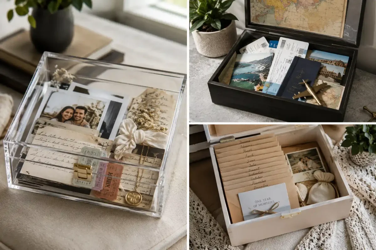 Modern DIY memory box ideas displayed in a three-panel grid featuring a clear acrylic keepsake box filled with photographs and handwritten notes, a black travel memory box with maps and vacation keepsakes, and a white one-year memory box with monthly envelopes and sentimental photographs
