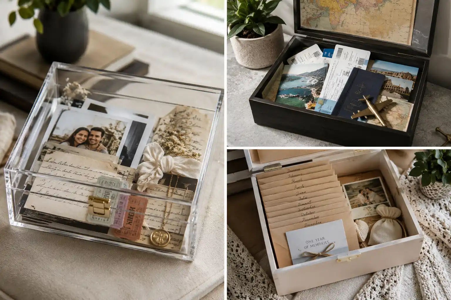 Modern DIY memory box ideas displayed in a three-panel grid featuring a clear acrylic keepsake box filled with photographs and handwritten notes, a black travel memory box with maps and vacation keepsakes, and a white one-year memory box with monthly envelopes and sentimental photographs