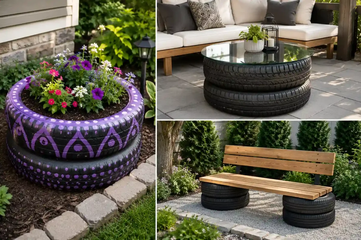 Three-panel collage of creative old tire DIY ideas projects including a colorful painted tire flower planter, stacked tire coffee table with a glass top, and wooden garden bench supported by recycled tires in stylish outdoor spaces