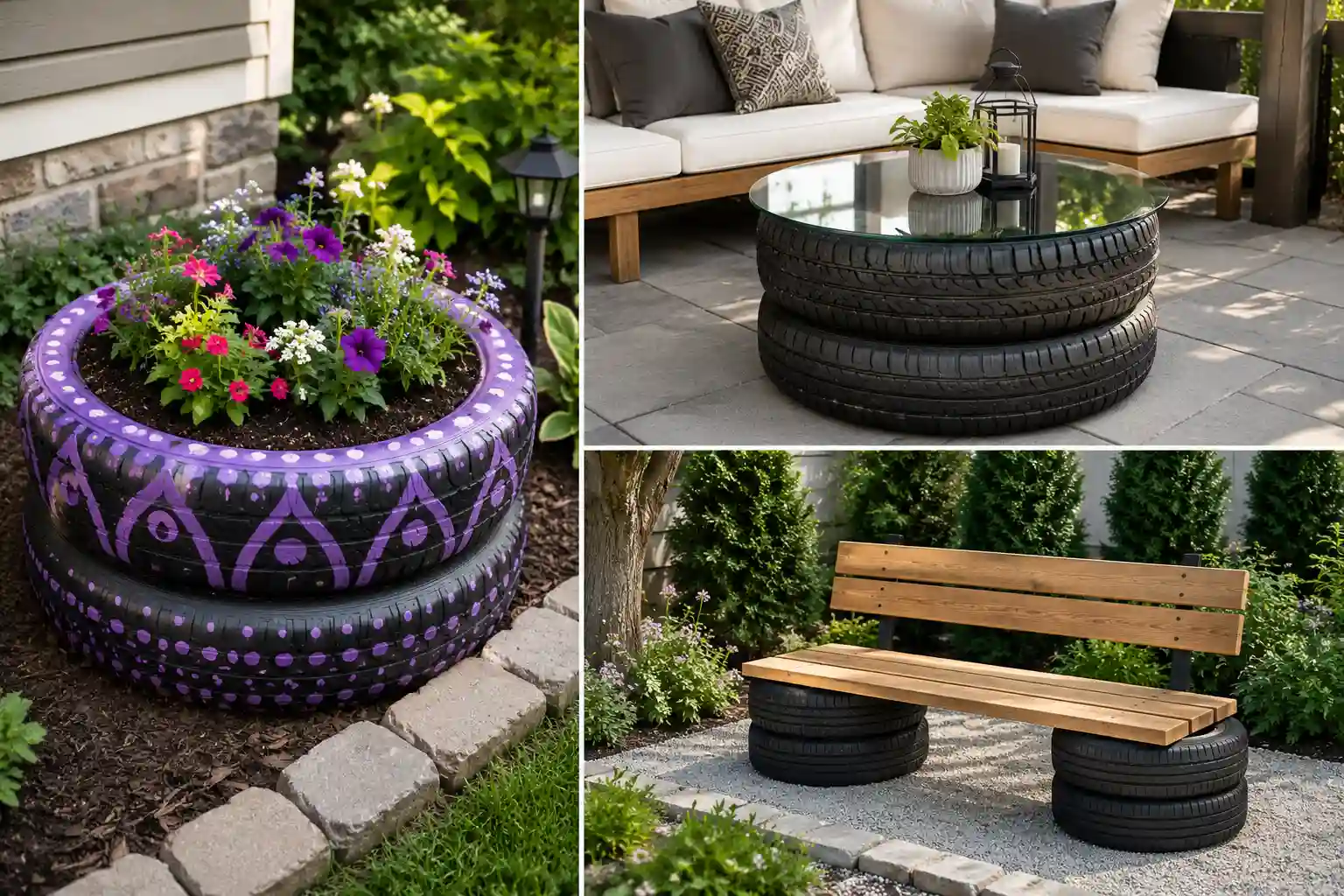 Three-panel collage of creative old tire DIY ideas projects including a colorful painted tire flower planter, stacked tire coffee table with a glass top, and wooden garden bench supported by recycled tires in stylish outdoor spaces