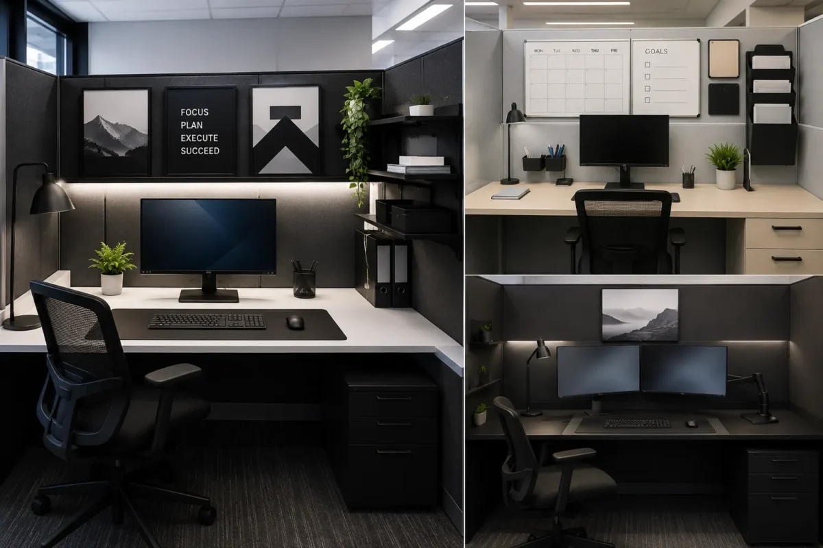 Modern cubicle decor ideas collage featuring three distinct professional office workspaces in a connected editorial layout. The main left workspace showcases a sophisticated black cubicle with motivational wall art, warm under-shelf lighting, a sleek desk lamp, computer monitor, ergonomic office chair, indoor plants, floating shelves, organized binders, and clean black-and-white styling. The upper-right workspace features a bright minimalist cubicle with a monthly calendar, goals board, document storage, desk lamp, computer monitor, small plants, and an uncluttered white desk. The lower-right workspace presents a dark modern dual-monitor cubicle with framed landscape artwork, task lighting, organized shelving, ergonomic chair, and streamlined technology setup. Full featured image composition showing clean, modern, motivating, organized, and productivity-focused cubicle designs for a professional office.