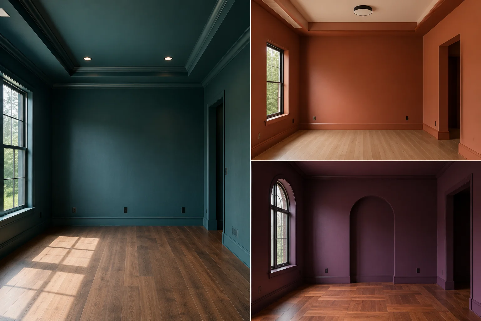 Premium editorial paint colors for bedrooms collage featuring three empty modern bedrooms in deep teal, warm terracotta, and rich deep plum, arranged in a sophisticated three-panel grid with varied architectural details, natural daylight, realistic matte wall finishes, wood flooring, large windows, elegant room proportions, and a luxurious contemporary interior design aesthetic.