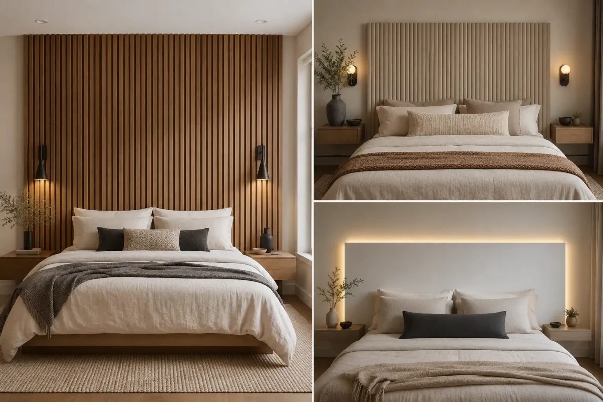 Modern DIY headboard ideas featured in a sophisticated contemporary bedroom collage, showing three stylish headboard designs arranged in a premium editorial layout. The large left image features a full-wall vertical walnut wood slat headboard extending from behind a modern upholstered bed toward the ceiling, with evenly spaced dark recessed gaps, warm wood tones, crisp white bedding, layered neutral pillows, matching wood nightstands, black pendant bedside lights, subtle greenery, natural daylight, and a textured neutral rug. The upper-right image features a wide warm beige fluted panel headboard with vertical sculptural grooves, neutral bedding, wood nightstands, warm wall sconces, and a refined contemporary bedroom setting. The lower-right image features a large floating warm-white headboard panel with concealed warm LED backlighting creating a soft architectural glow around the edges, paired with neutral bedding, minimalist nightstands, subtle decor, and contemporary styling. All three headboard designs are clearly visible from front-facing wide-angle perspectives with realistic materials, balanced proportions, sophisticated neutral colors, and high-end modern bedroom styling.