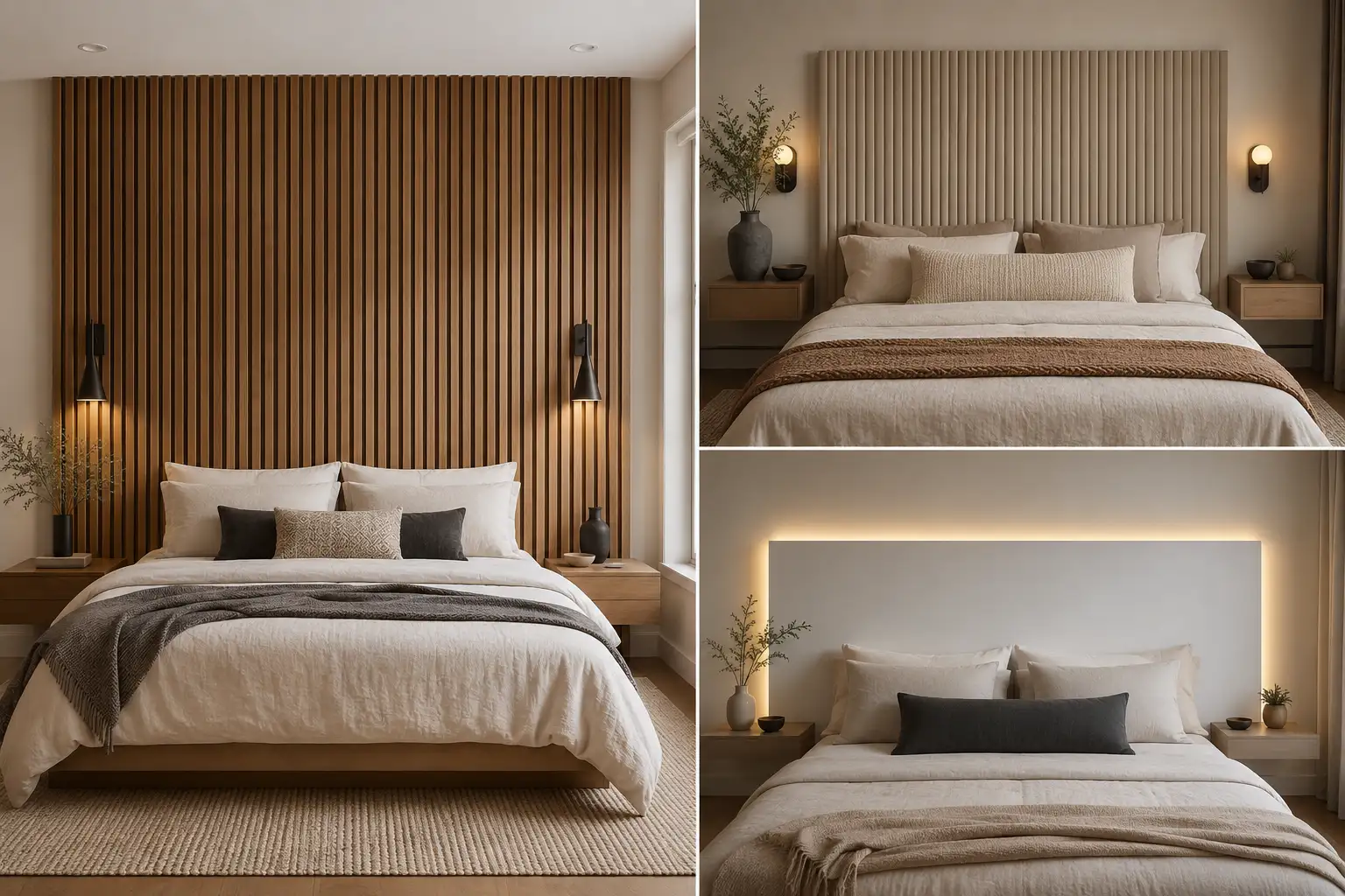 Modern DIY headboard ideas featured in a sophisticated contemporary bedroom collage, showing three stylish headboard designs arranged in a premium editorial layout. The large left image features a full-wall vertical walnut wood slat headboard extending from behind a modern upholstered bed toward the ceiling, with evenly spaced dark recessed gaps, warm wood tones, crisp white bedding, layered neutral pillows, matching wood nightstands, black pendant bedside lights, subtle greenery, natural daylight, and a textured neutral rug. The upper-right image features a wide warm beige fluted panel headboard with vertical sculptural grooves, neutral bedding, wood nightstands, warm wall sconces, and a refined contemporary bedroom setting. The lower-right image features a large floating warm-white headboard panel with concealed warm LED backlighting creating a soft architectural glow around the edges, paired with neutral bedding, minimalist nightstands, subtle decor, and contemporary styling. All three headboard designs are clearly visible from front-facing wide-angle perspectives with realistic materials, balanced proportions, sophisticated neutral colors, and high-end modern bedroom styling.