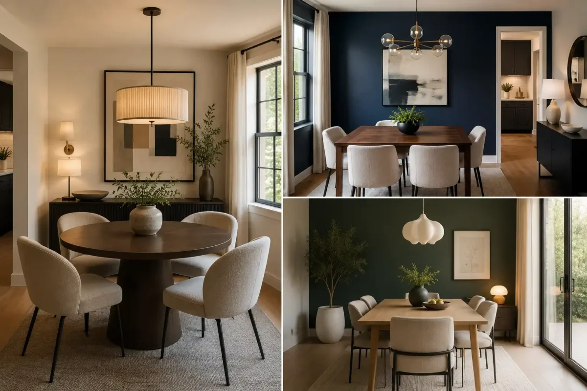 Small Dining Room Inspirations collage featuring three modern cozy dining spaces, including a round dark wood dining table with cream upholstered chairs, a navy blue accent wall with a warm walnut dining table, and a deep green dining room with a light wood table and sculptural pendant lighting, all styled with contemporary artwork, neutral rugs, indoor plants, warm wood flooring, large windows, and sophisticated compact home décor.