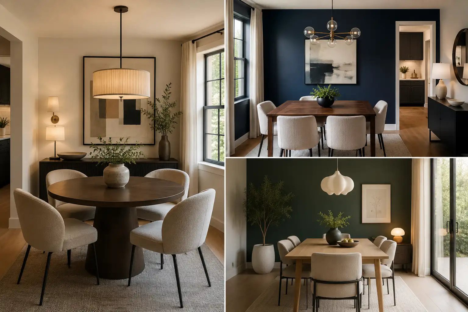 Small Dining Room Inspirations collage featuring three modern cozy dining spaces, including a round dark wood dining table with cream upholstered chairs, a navy blue accent wall with a warm walnut dining table, and a deep green dining room with a light wood table and sculptural pendant lighting, all styled with contemporary artwork, neutral rugs, indoor plants, warm wood flooring, large windows, and sophisticated compact home décor.