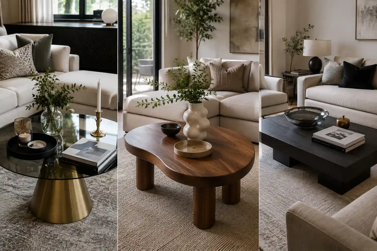 Three-panel contemporary living room collage showcasing different coffee table styling ideas, including a round glass and brass coffee table with candles, greenery, and coffee table books, a sculptural walnut coffee table with a cream vase and natural branches, and a modern black coffee table with an oversized glass bowl and stacked books, all styled in sophisticated neutral interiors.