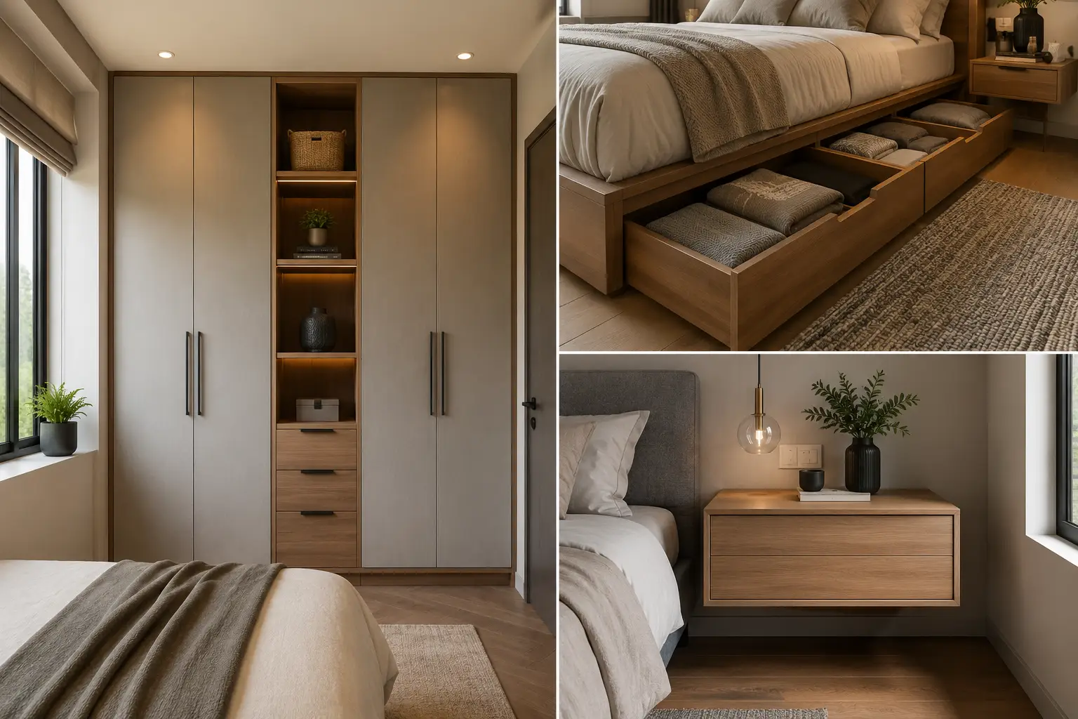 Modern small bedroom storage ideas shown in a stylish contemporary bedroom collage, featuring a full-height wardrobe with closed cabinets and open shelving, deep under-bed storage drawers, and a compact floating bedside cabinet. The neutral bedroom design uses warm wood finishes, soft beige tones, integrated lighting, and practical space-saving storage solutions for keeping a small bedroom organized and clutter-free.