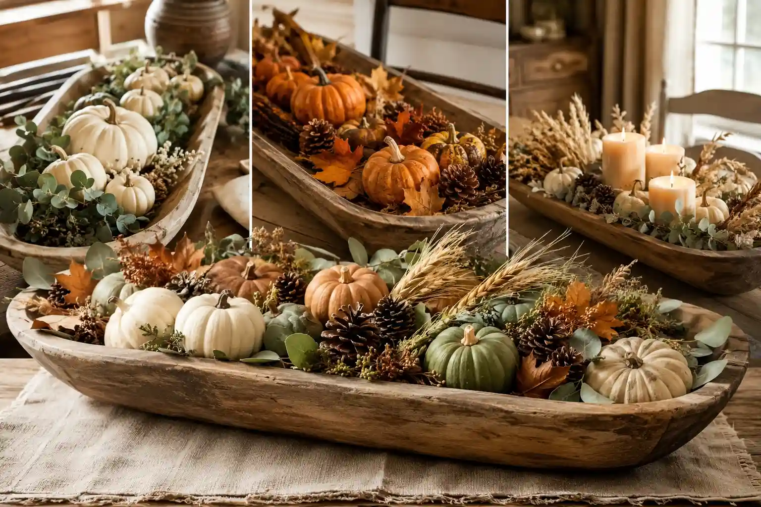 Wide horizontal featured photograph of a large rustic fall dough bowl centerpieces with an abundant fall centerpiece featuring cream, orange, muted green, and tan pumpkins, eucalyptus leaves, dried wheat, pinecones, autumn leaves, dried botanical stems, and warm harvest foliage, with three smaller dough bowl arrangements displayed in the background showing neutral pumpkins, traditional orange pumpkins, and glowing candles with wheat, creating a layered cozy autumn table setting.