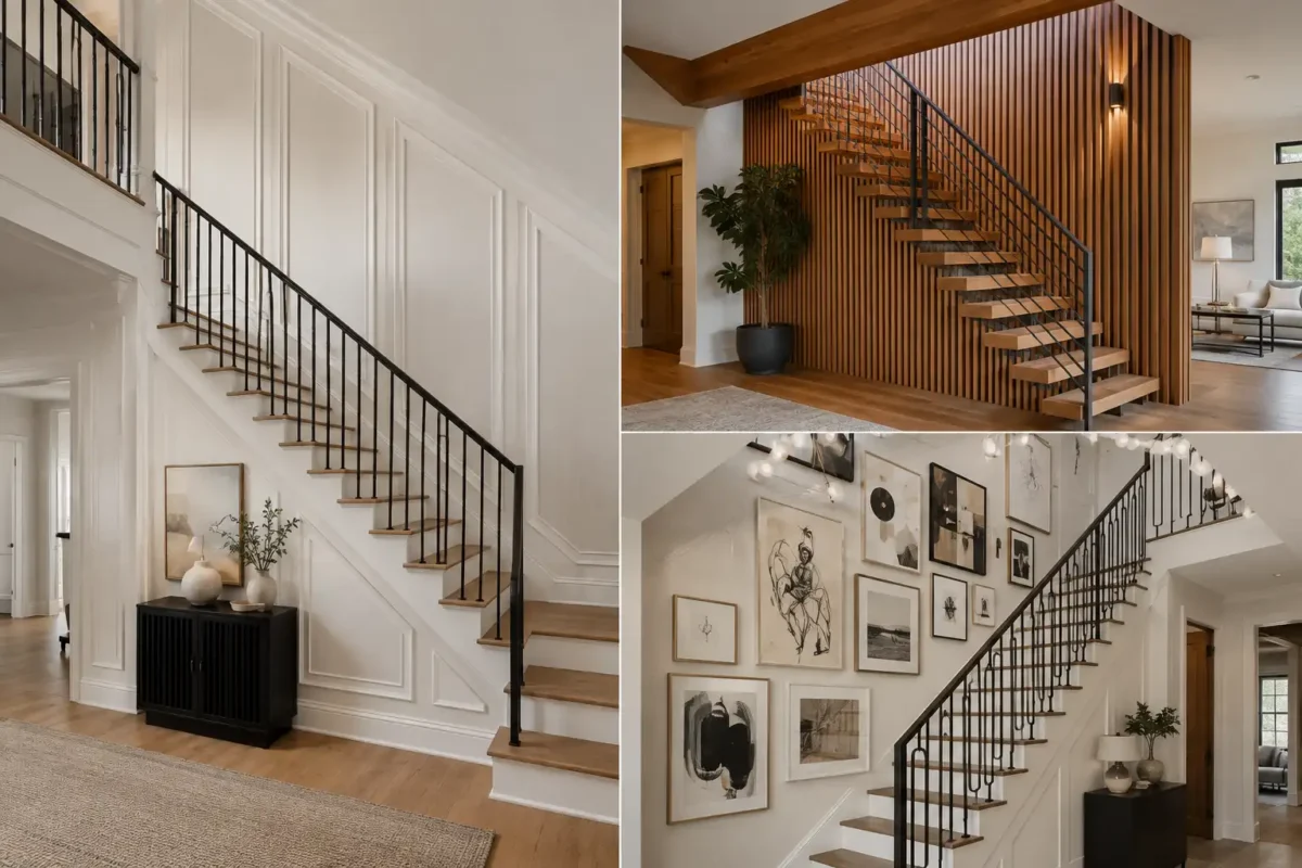 Staircase walls decor collage featuring three stylish stairway interiors with elegant wall paneling, warm vertical wood slats, and curated gallery wall artwork. The modern staircase designs showcase natural wood stairs, slim black railings, neutral color palettes, sophisticated architectural details, and contemporary home decor inspiration for transforming a blank wall beside the stairs.