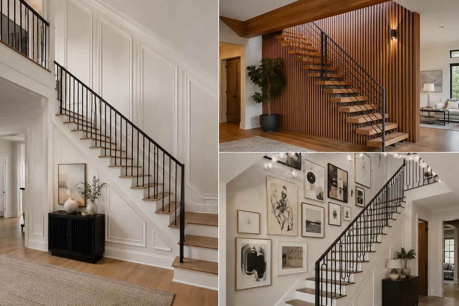 Staircase walls decor collage featuring three stylish stairway interiors with elegant wall paneling, warm vertical wood slats, and curated gallery wall artwork. The modern staircase designs showcase natural wood stairs, slim black railings, neutral color palettes, sophisticated architectural details, and contemporary home decor inspiration for transforming a blank wall beside the stairs.