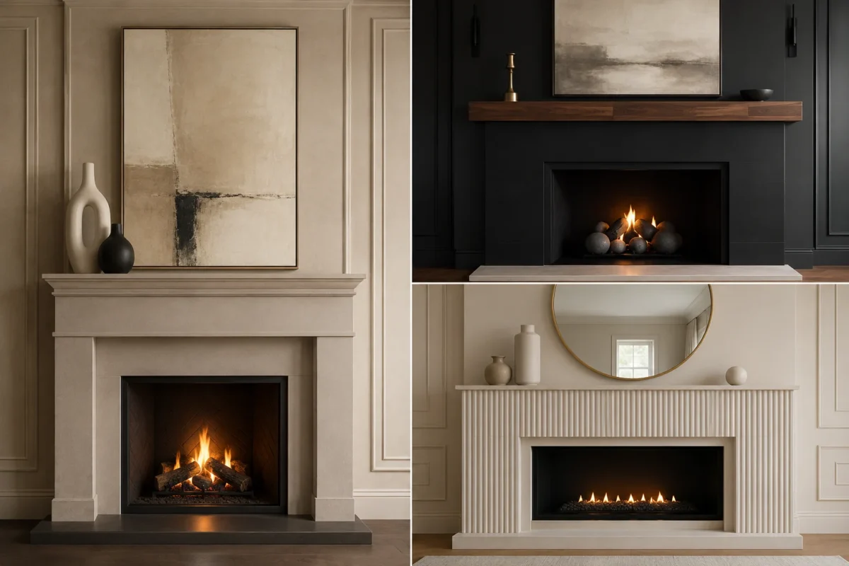 Modern Fireplace Mantel Ideas collage featuring three sophisticated contemporary fireplace designs, including a warm beige traditional-inspired mantel with oversized abstract artwork and sculptural vases, a dramatic black fireplace with a rich walnut mantel and neutral artwork, and a refined fluted white fireplace surround with a large round mirror and minimalist ceramic decor. The three fireplace wall designs use elegant neutral tones, warm wood accents, black contrast, architectural detailing, glowing fire features, and refined living room styling for a high-end modern home decor look.