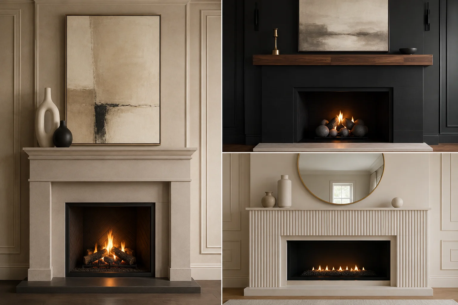 Modern Fireplace Mantel Ideas collage featuring three sophisticated contemporary fireplace designs, including a warm beige traditional-inspired mantel with oversized abstract artwork and sculptural vases, a dramatic black fireplace with a rich walnut mantel and neutral artwork, and a refined fluted white fireplace surround with a large round mirror and minimalist ceramic decor. The three fireplace wall designs use elegant neutral tones, warm wood accents, black contrast, architectural detailing, glowing fire features, and refined living room styling for a high-end modern home decor look.