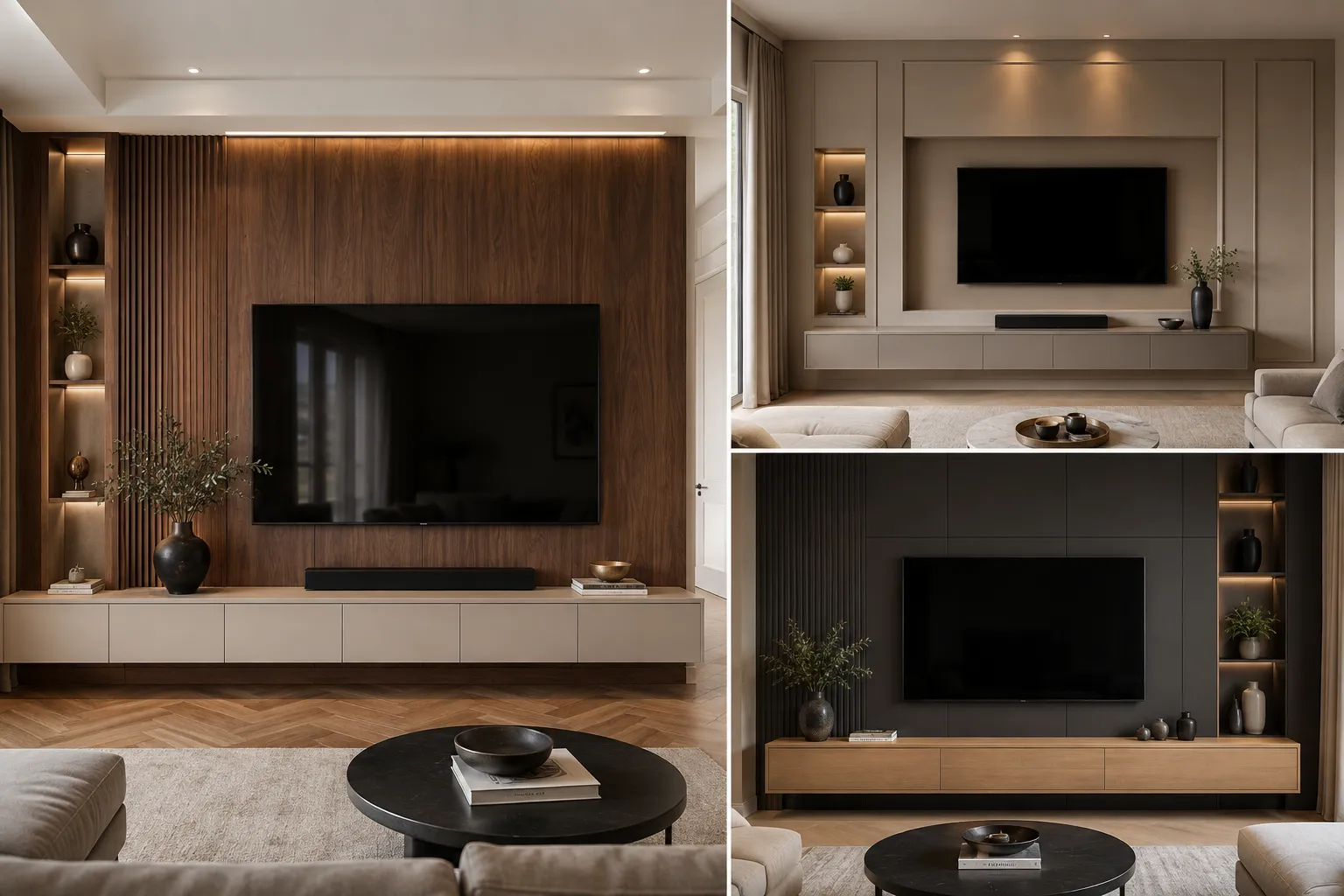 Modern contemporary living room featuring a premium TV wall designs collage with three distinct realistic media wall designs, including a warm walnut feature wall with illuminated shelving, a refined taupe built-in TV wall with recessed display niches, and a dramatic charcoal TV wall with warm wood cabinetry, large black flat screen televisions, floating media consoles, subtle LED lighting, neutral upholstered furniture, natural wood finishes, and sophisticated modern interior styling.