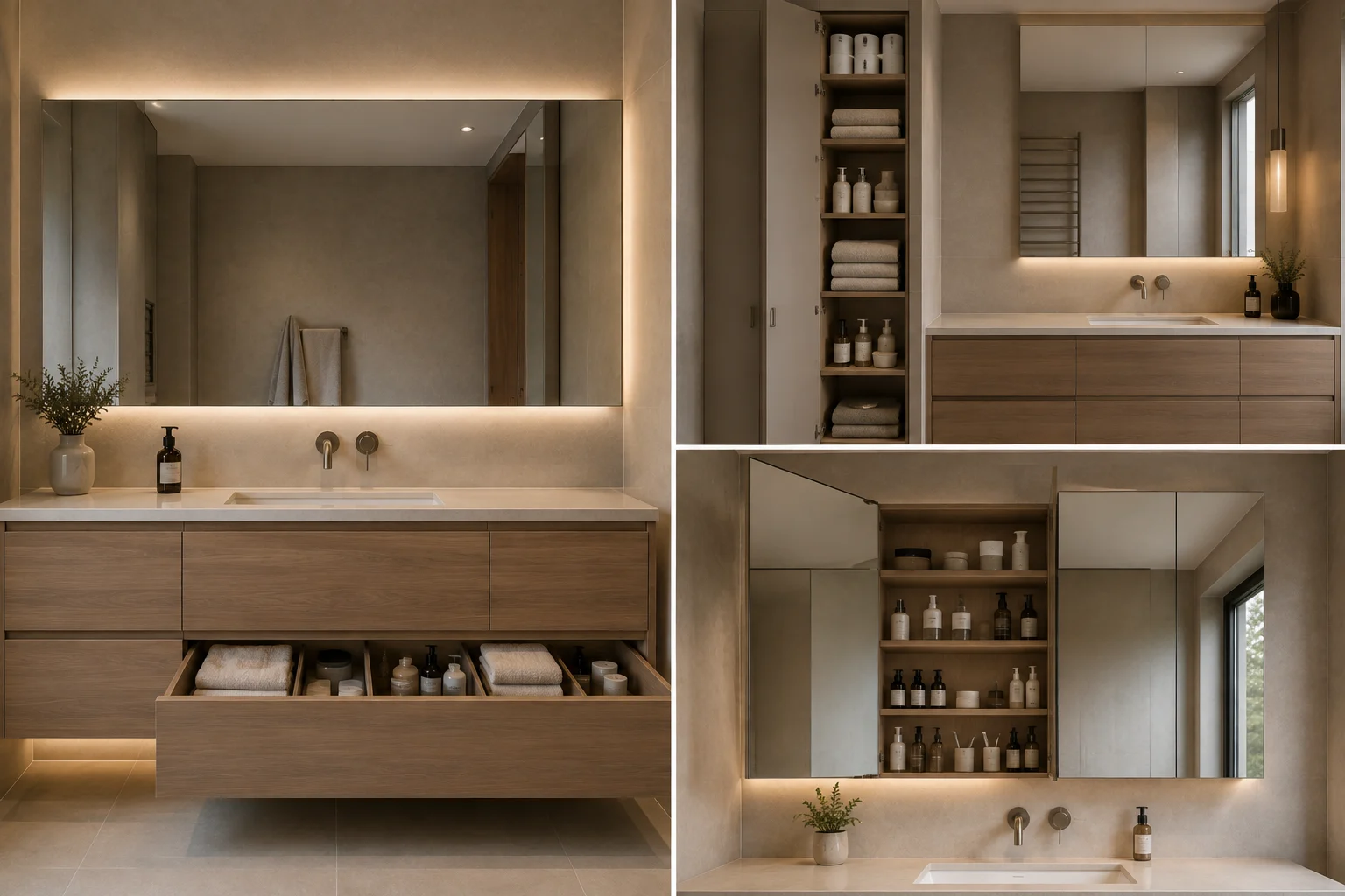 Modern bathroom storage ideas featured in a three image collage with a deep organized vanity drawer, tall floor to ceiling cabinet for towels and toiletries, and hidden mirrored storage with shelves for skincare and everyday bathroom essentials in warm contemporary interiors.