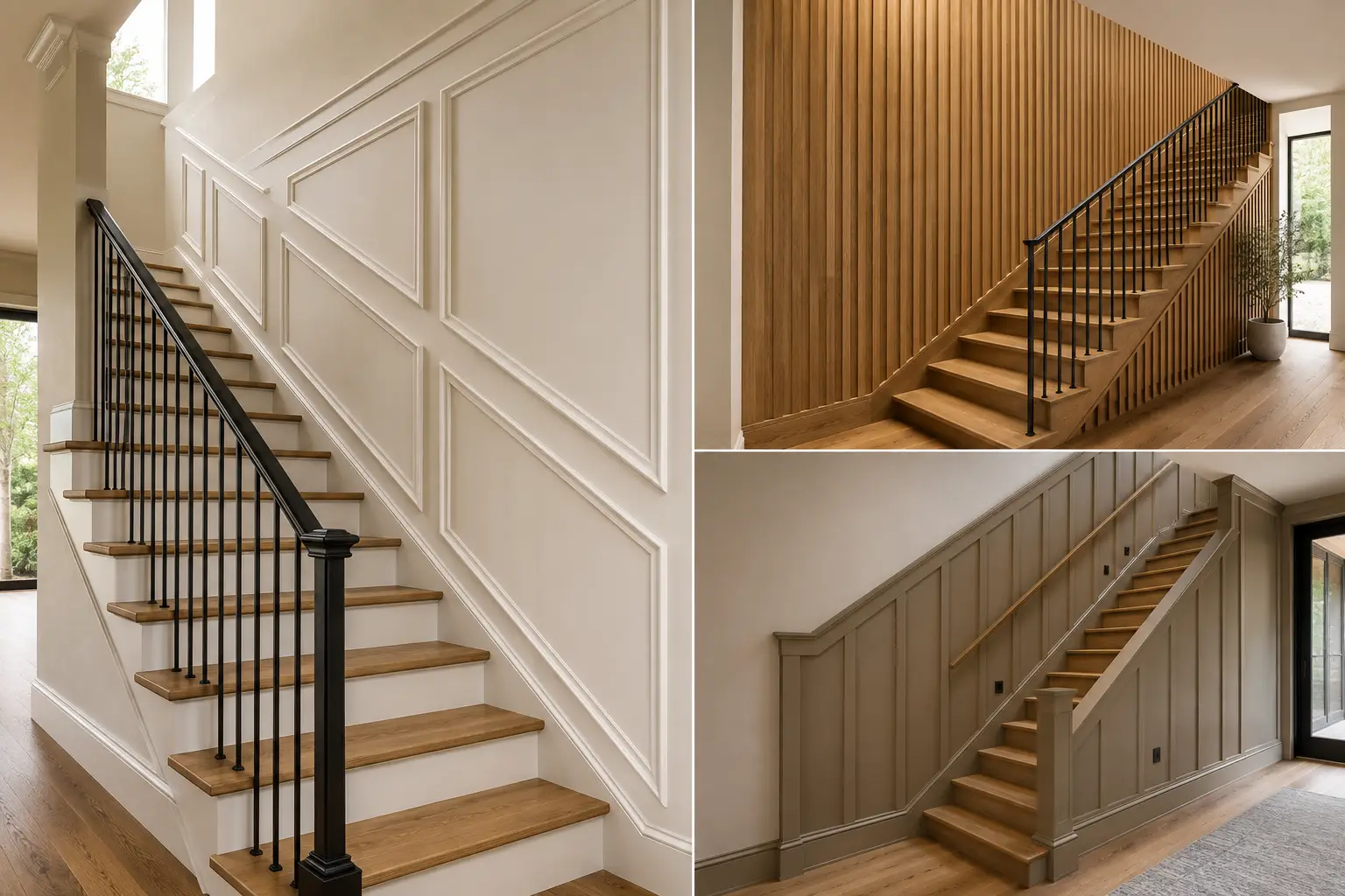 Modern staircase paneling ideas featured in a three image collage showcasing elegant white picture frame molding, warm floor to ceiling wood slat paneling, and taupe board and batten staircase walls, paired with natural oak steps and black railings for a refined architectural home design.