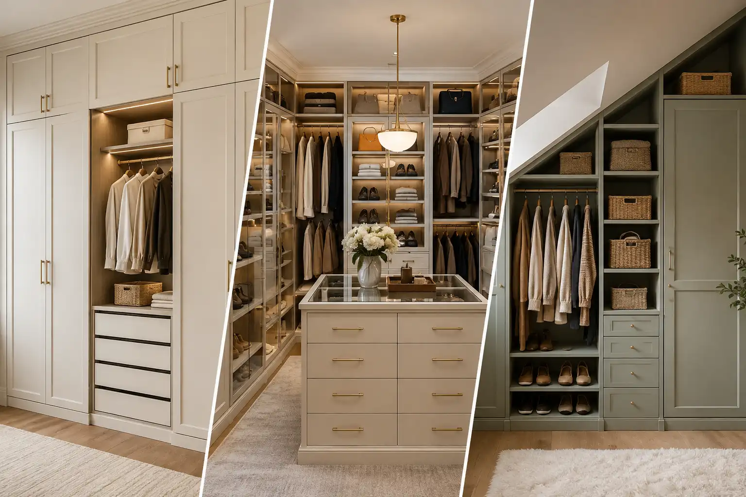 Pinterest featured image showcasing a stylish collection of IKEA closet ideas in three distinct built-in wardrobe designs, including a cream full-wall wardrobe with paneled doors and warm illuminated hanging storage, a luxurious walk-in closet with glass-front cabinets, open shelving, organized clothing, shoes, handbags, and a central drawer island, plus a space-saving sage green wardrobe beneath a sloped ceiling with open shelves, woven storage baskets, drawers, hanging clothes, and shoe storage, all presented in warm neutral interiors with natural wood flooring and refined custom cabinetry details. IKEA Closet Ideas