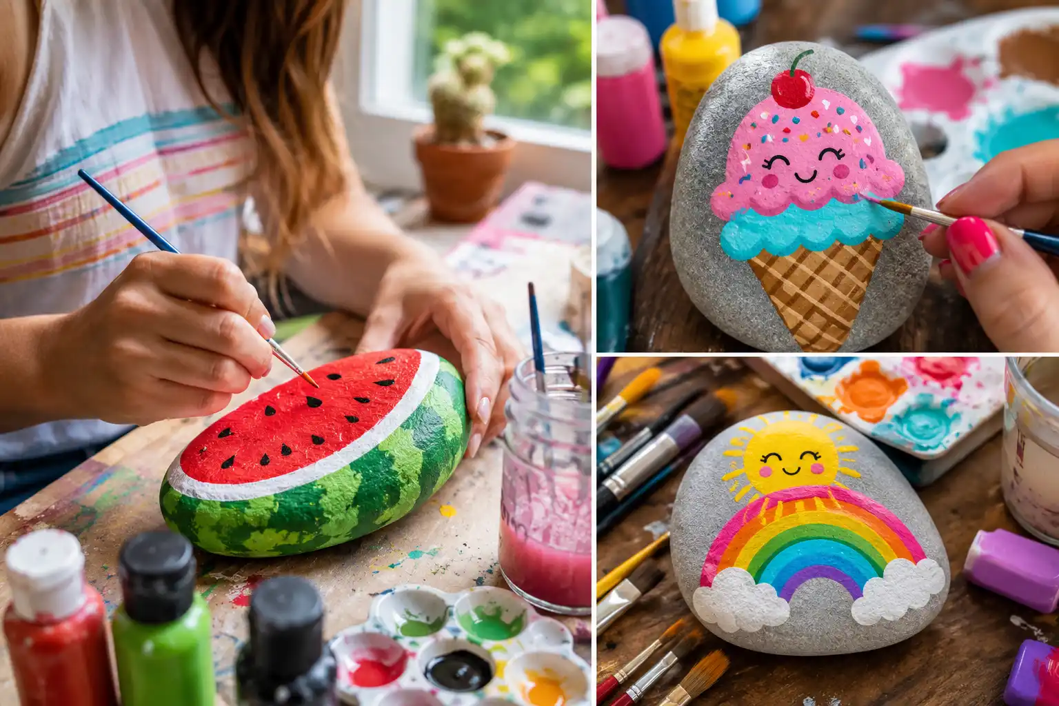 Hand painted rock painting ideas – watermelon, ice cream cone, and rainbow painted stones DIY craft