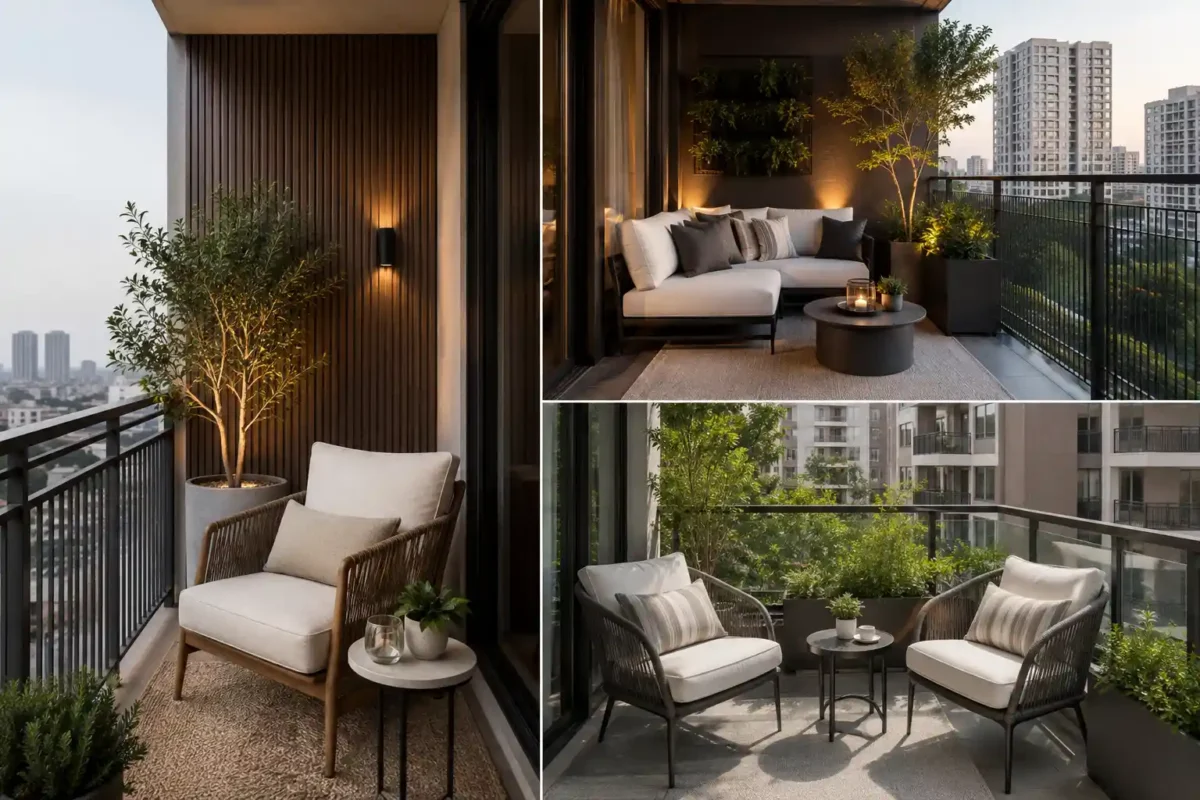 Photorealistic modern apartment balcony ideas collage featuring three stylish contemporary outdoor spaces, including a warm wood slatted privacy screen with a cozy lounge chair, a sophisticated cream sofa balcony with lush greenery and warm lighting, and a two chair balcony seating area with modern planters. The three balcony designs showcase stylish apartment balcony ideas, cozy outdoor seating, modern privacy solutions, neutral decor, and contemporary urban outdoor living.