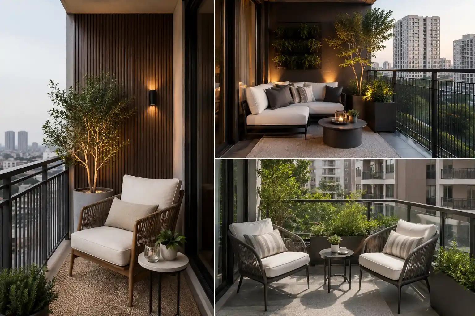 Photorealistic modern apartment balcony ideas collage featuring three stylish contemporary outdoor spaces, including a warm wood slatted privacy screen with a cozy lounge chair, a sophisticated cream sofa balcony with lush greenery and warm lighting, and a two chair balcony seating area with modern planters. The three balcony designs showcase stylish apartment balcony ideas, cozy outdoor seating, modern privacy solutions, neutral decor, and contemporary urban outdoor living.