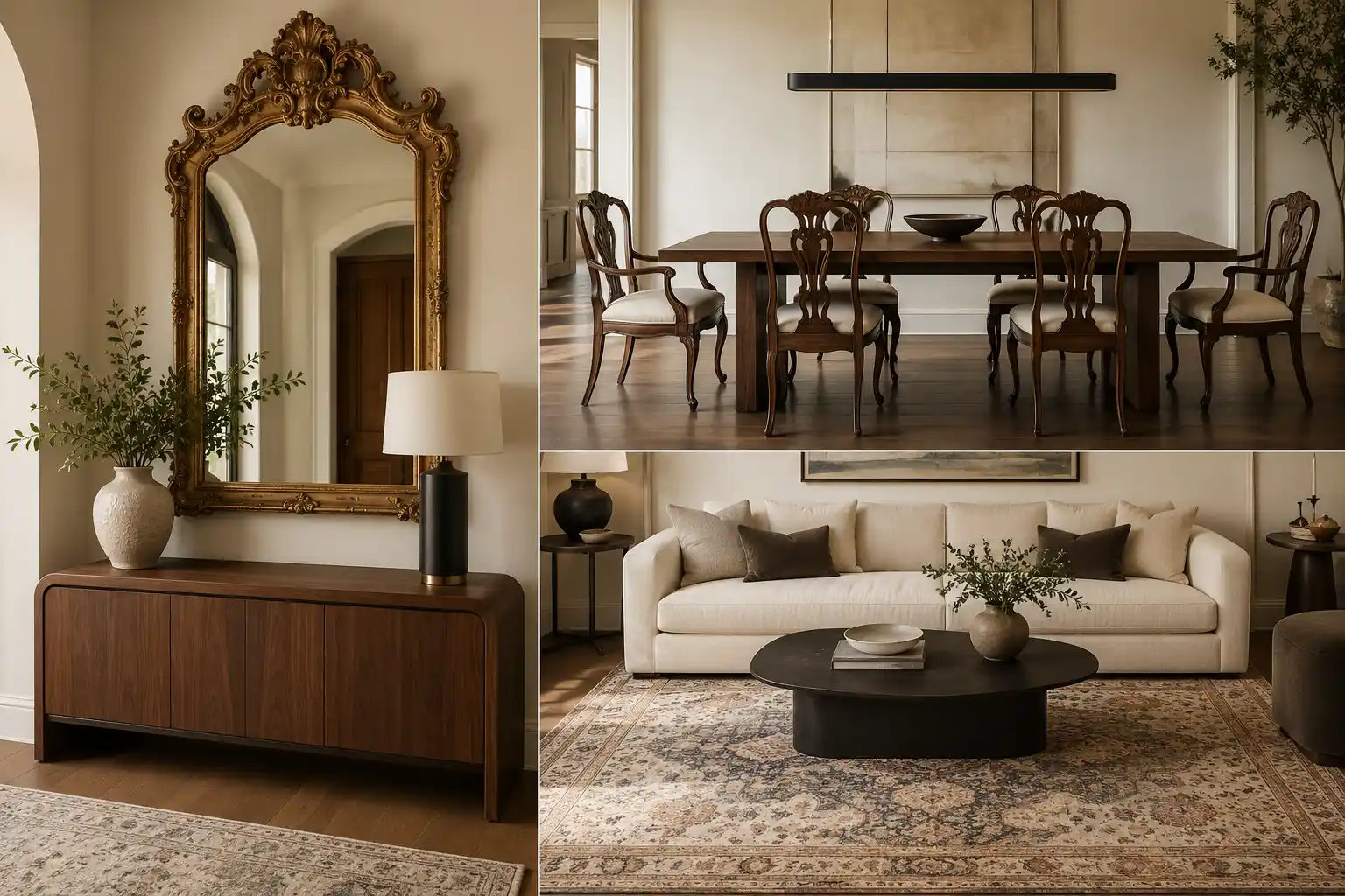 Three-panel antique home decor ideas collage featuring an ornate antique gold mirror above a sleek walnut console, carved antique dining chairs around a contemporary wood table, and a modern cream sofa layered with a faded traditional rug and dark sculptural coffee table.