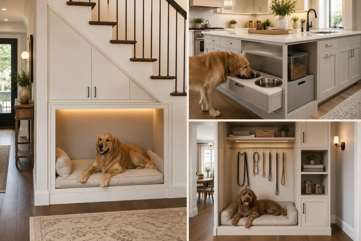 Modern dog corner ideas collage featuring three stylish pet friendly home designs, including a built in under staircase dog nook with a golden retriever resting on a cushioned bed, a contemporary kitchen island feeding station with stainless steel bowls and pet food storage, and a custom mudroom dog station with a comfortable built in bed, organized leashes, towels, toys, and closed cabinetry. The collage showcases clean modern interiors, warm neutral cabinetry, practical pet storage, soft lighting, and space saving dog corner solutions for stylish small homes.