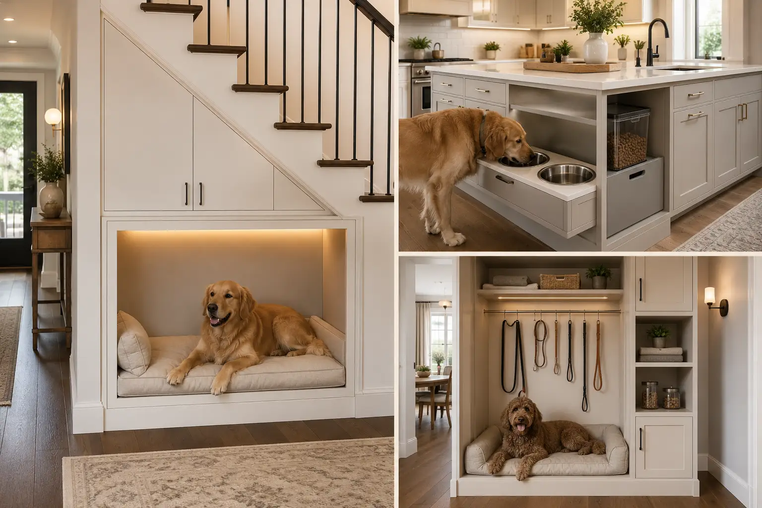 Modern dog corner ideas collage featuring three stylish pet friendly home designs, including a built in under staircase dog nook with a golden retriever resting on a cushioned bed, a contemporary kitchen island feeding station with stainless steel bowls and pet food storage, and a custom mudroom dog station with a comfortable built in bed, organized leashes, towels, toys, and closed cabinetry. The collage showcases clean modern interiors, warm neutral cabinetry, practical pet storage, soft lighting, and space saving dog corner solutions for stylish small homes.