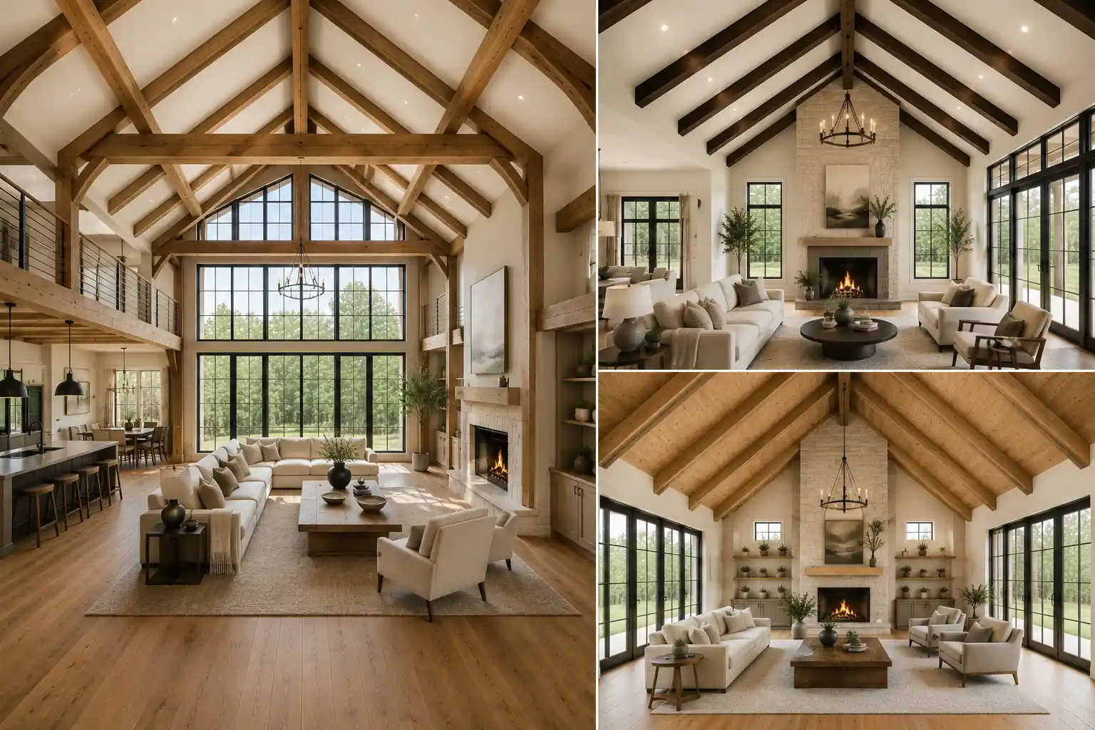 Modern rustic vaulted living room ceiling beam ideas collage featuring exposed natural oak ceiling beams, dramatic timber trusses, dark wood rafters, and a warm wood planked vaulted ceiling, paired with soaring black framed windows, stone fireplaces, cream seating, neutral decor, and warm oak flooring.