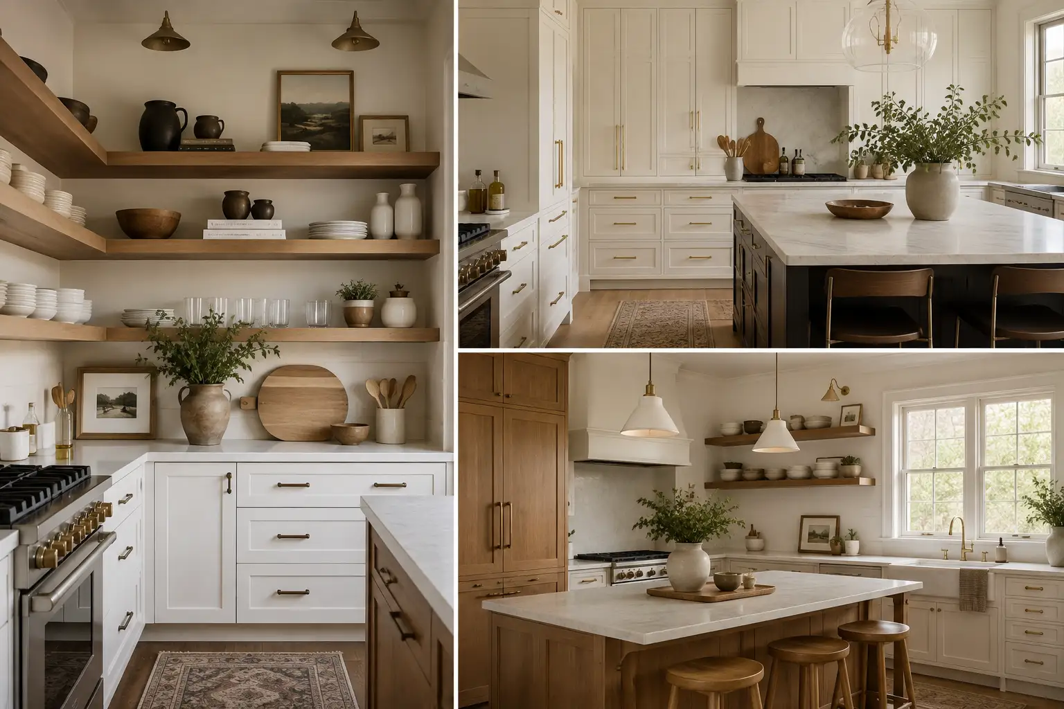 Open shelving vs closed cabinets in a warm modern farmhouse kitchen with wood floating shelves, white cabinetry, and brass hardware