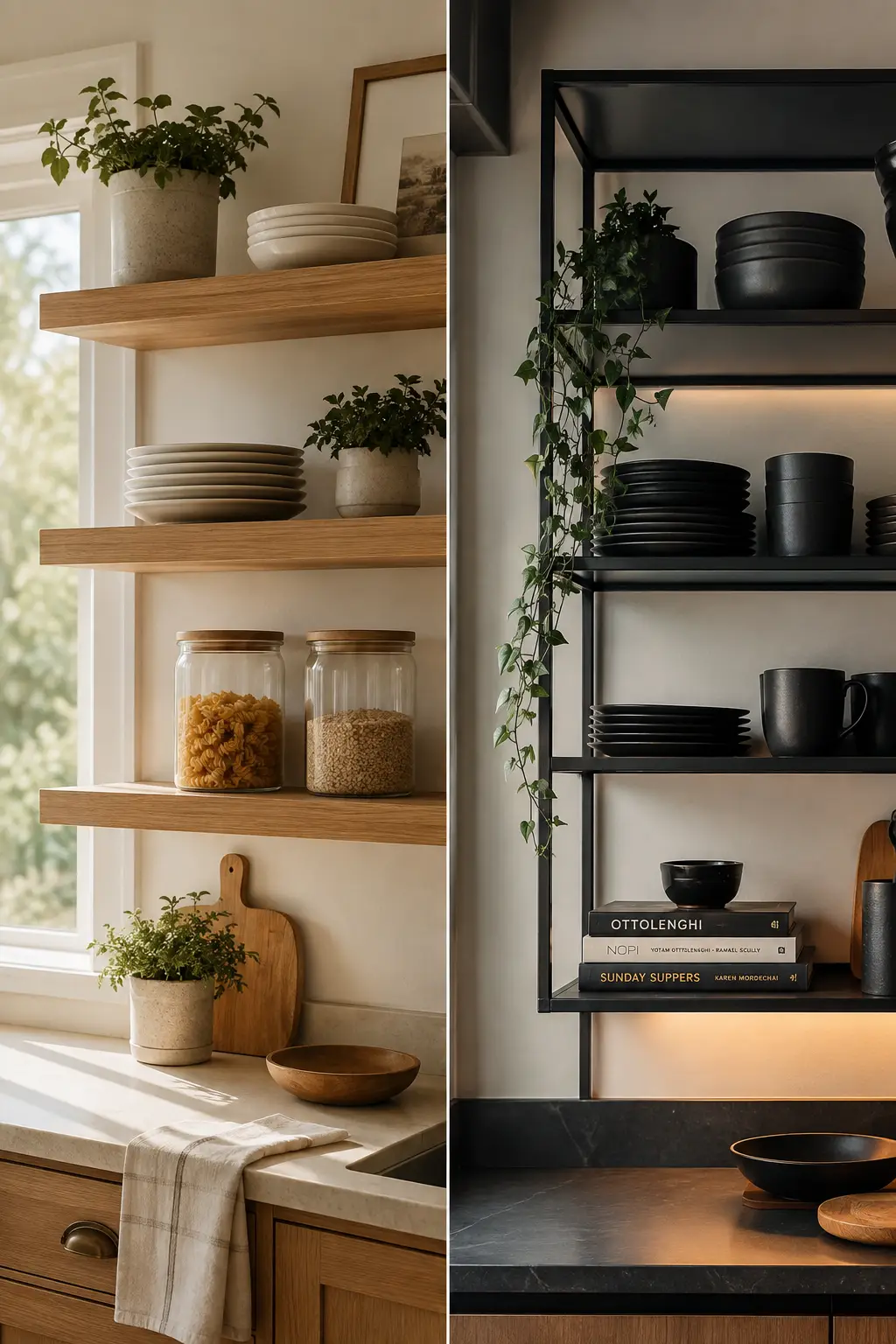 Open shelving vs closed cabinets comparison showing two wooden and metal open shelf styles in a modern kitchen