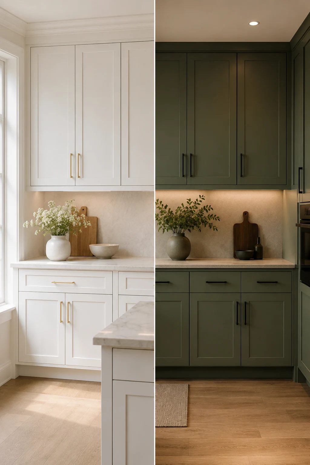 Open shelving vs closed cabinets comparison showing white shaker and sage green closed cabinet styles in a modern kitchen