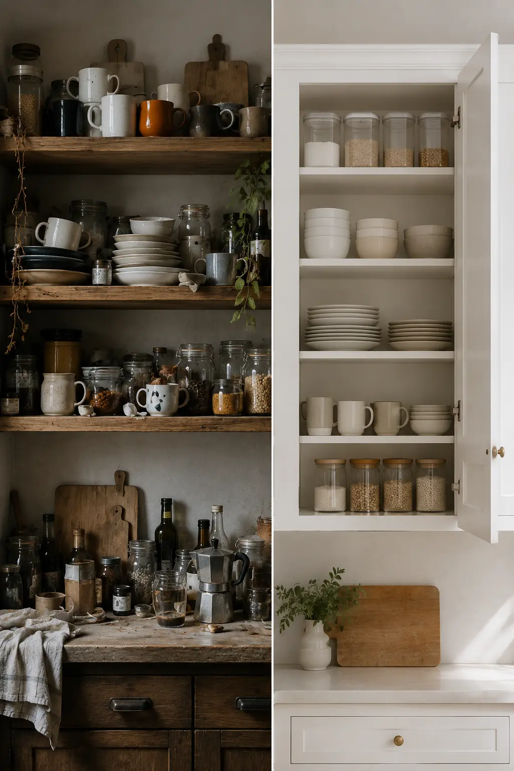 Open shelving vs closed cabinets pros and cons shown through a cluttered open shelf and an organized closed cabinet