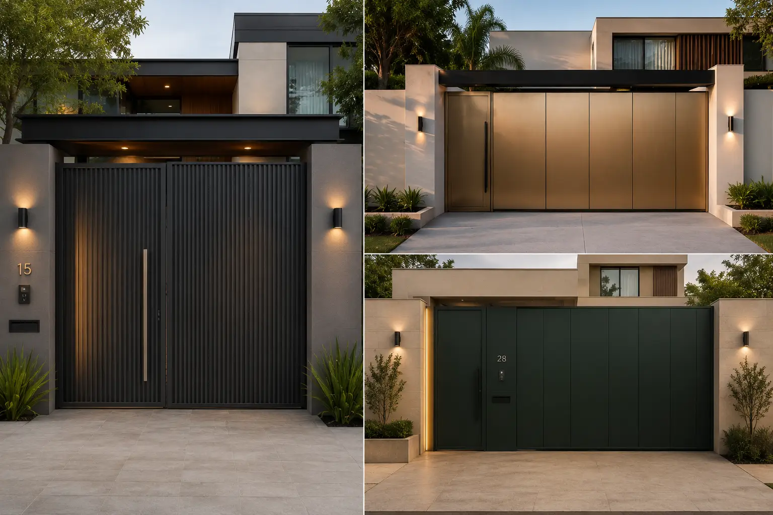 Modern entrance gate ideas shown in a three image collage featuring a tall black fluted metal gate with a long minimalist handle, a warm bronze panel gate with sleek black framing, and a deep green flush panel gate with integrated pedestrian access, architectural lighting, neutral boundary walls, modern landscaping, and clean paved driveways for contemporary home entrance inspiration.