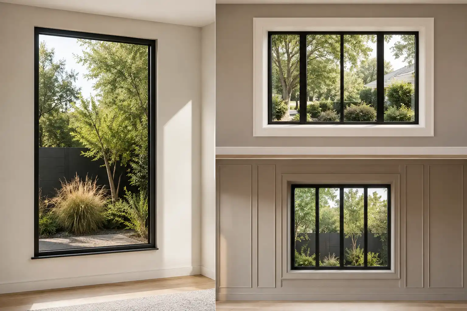 Modern window trim ideas featured in a three image editorial collage showcasing slim black window trim, wide white casing around black framed windows, and elegant window trim integrated with neutral wall paneling. The contemporary designs highlight clean architectural lines, contrasting finishes, and polished window detailing for stylish interior updates.