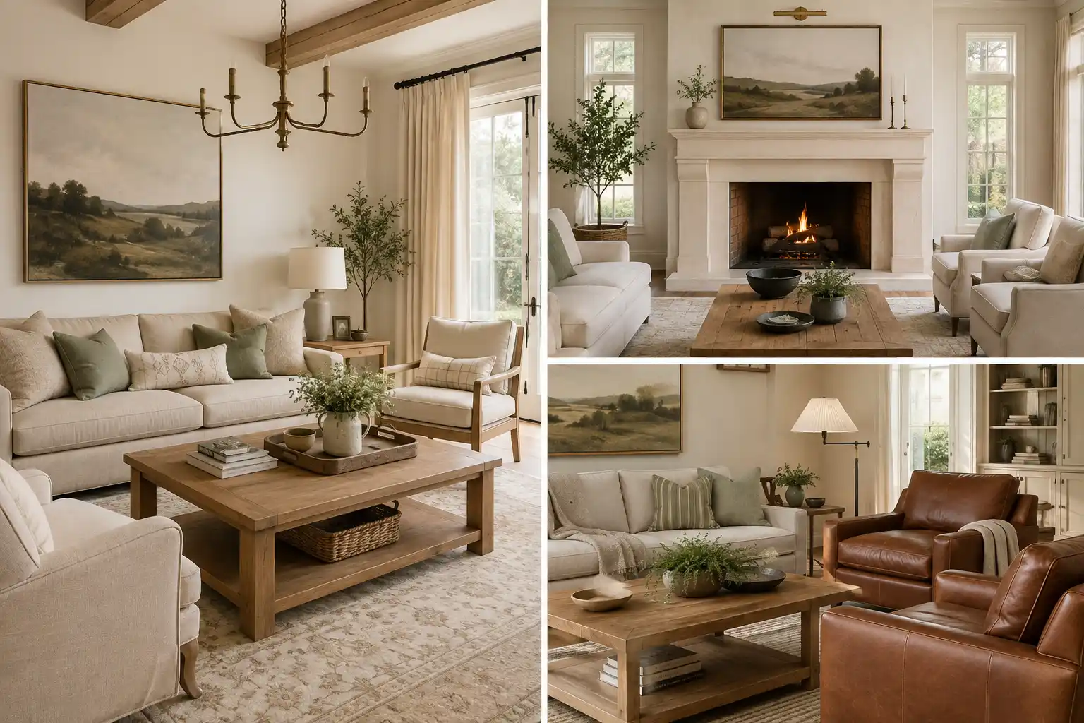 Refined farmhouse living room decor collage featuring a warm cream sofa with muted sage pillows, natural oak coffee tables, soft neutral patterned rugs, exposed wood ceiling beams, elegant brass lighting, oversized countryside landscape artwork, a classic cream fireplace with a glowing fire, cognac leather accent chairs, built in shelving, floor length curtains, and layered neutral furnishings creating a warm, relaxed, and sophisticated farmhouse living space.