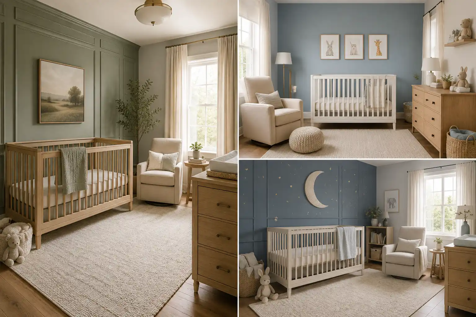 Featured collage of baby boy nursery ideas showing three polished nursery designs with sage green wall paneling, soft blue walls, and a deep blue moon and stars feature wall, styled with natural wood and white cribs, warm wood changing dressers, cream nursing chairs, ivory curtains, neutral textured rugs, framed nursery artwork, soft lighting, and timeless decor inspiration for baby boy rooms.