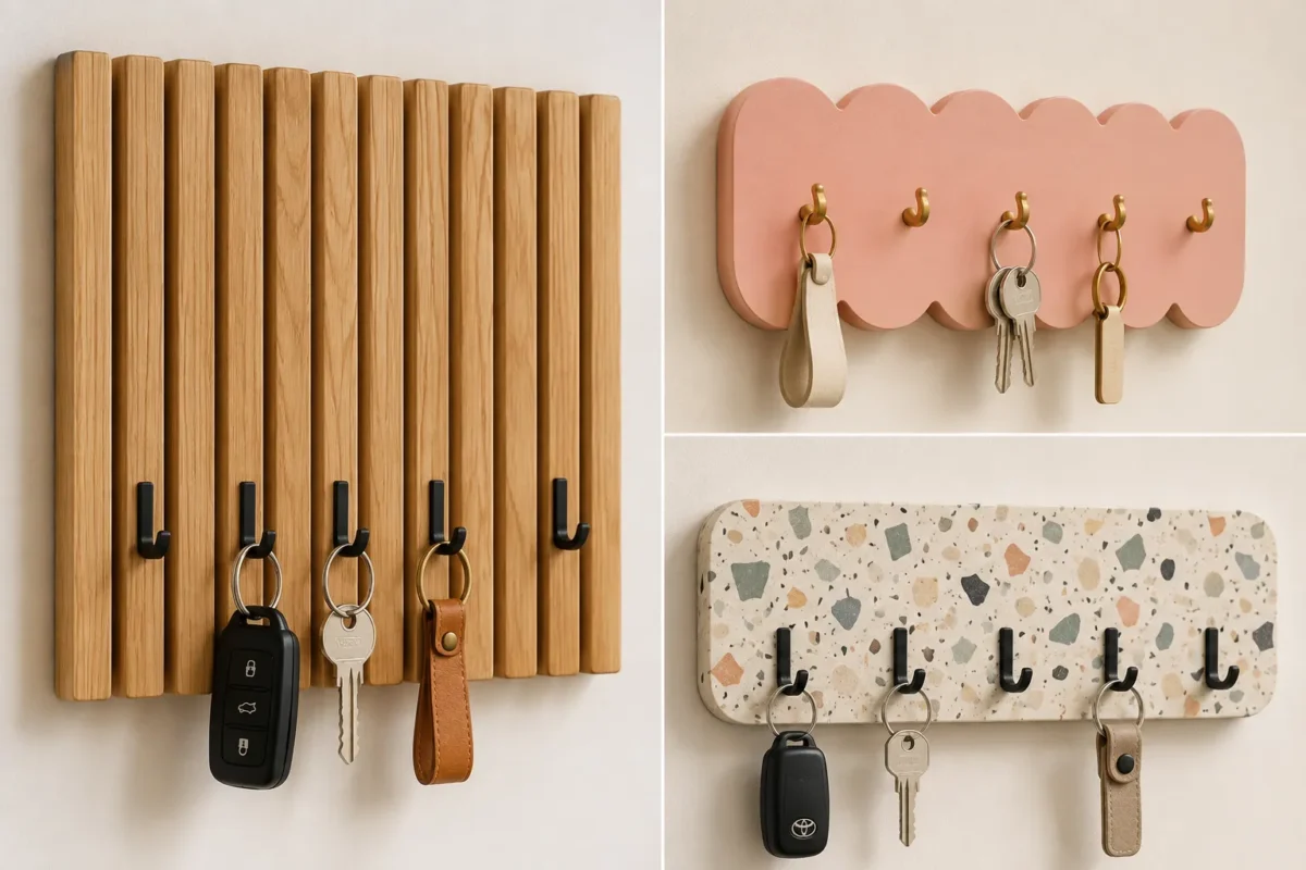 Modern DIY key holder ideas displayed in a three image grid, featuring a warm oak vertical slat key holder, a cute pink scalloped key organizer with brass hooks, and a terrazzo key holder with black hooks, house keys, car keys, and leather keychains for stylish entryway wall organization.