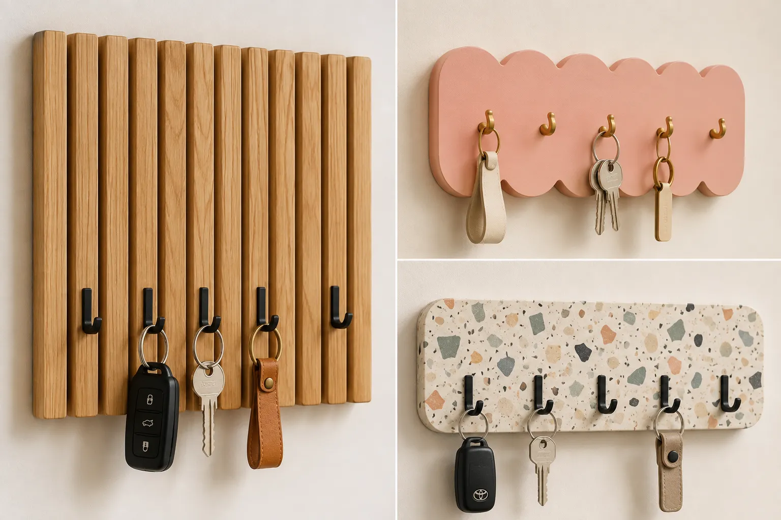Modern DIY key holder ideas displayed in a three image grid, featuring a warm oak vertical slat key holder, a cute pink scalloped key organizer with brass hooks, and a terrazzo key holder with black hooks, house keys, car keys, and leather keychains for stylish entryway wall organization.