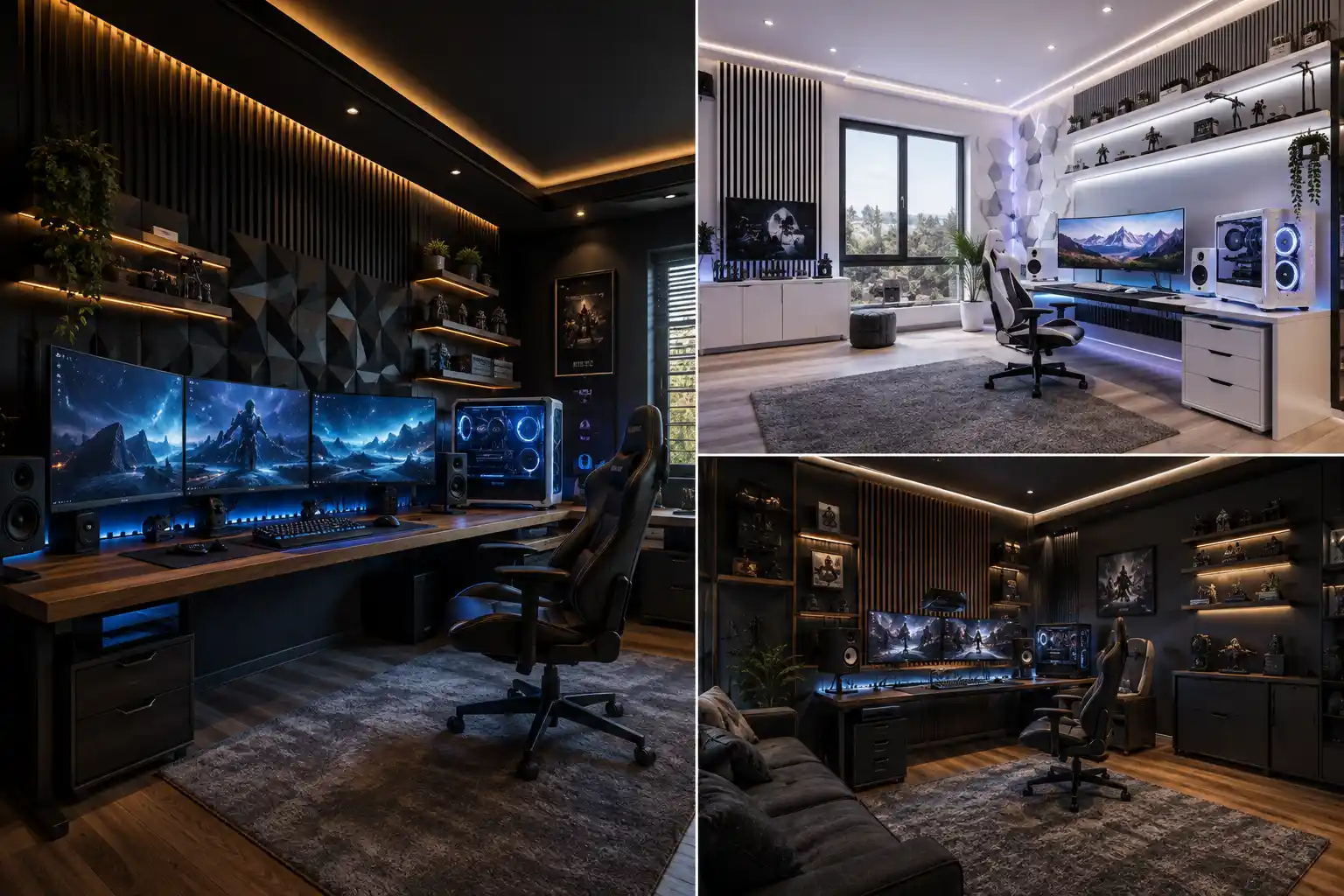 Modern gaming room ideas featured in a three image collage with dark luxury gaming setups, multi monitor desks, RGB gaming PCs, ergonomic gaming chairs, illuminated display shelves, geometric feature walls, warm ambient lighting, blue LED accents, modern storage, and a bright white gaming room for contrasting design inspiration.