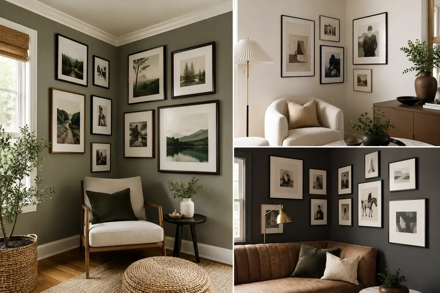 Modern corner wall gallery ideas inspiration featuring three stylish living room gallery wall arrangements in a cohesive editorial collage, including neutral framed artwork, botanical photography, abstract prints, dark accent walls, contemporary seating, natural wood furniture, and carefully styled decor.