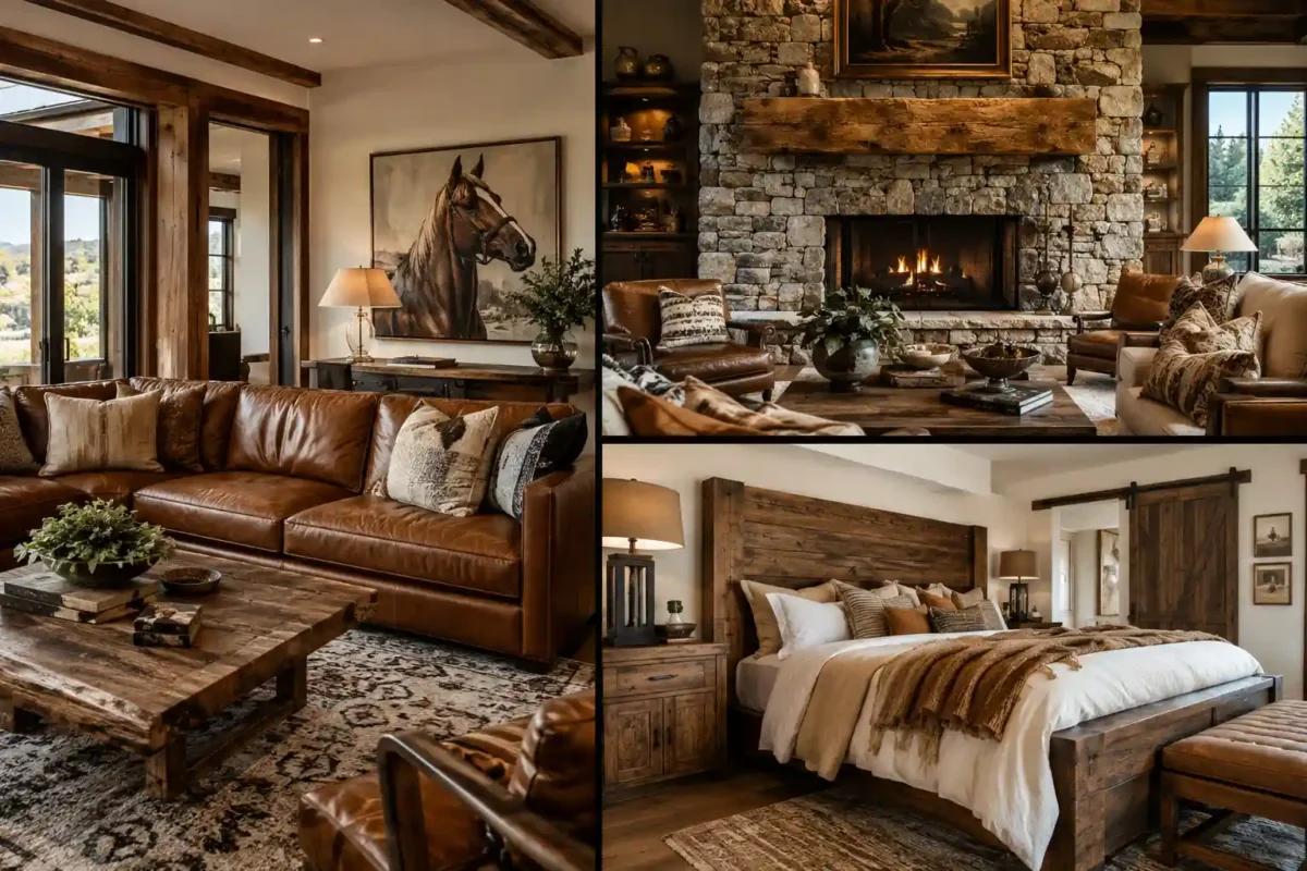 Luxury Western home decor ideas collage featuring a cognac leather living room with rustic wood furniture and horse artwork, a natural stone fireplace with reclaimed wood mantel, and a warm Western bedroom with an oversized wood headboard, layered neutral bedding, exposed timber beams, textured rugs, and polished modern ranch-style interiors.