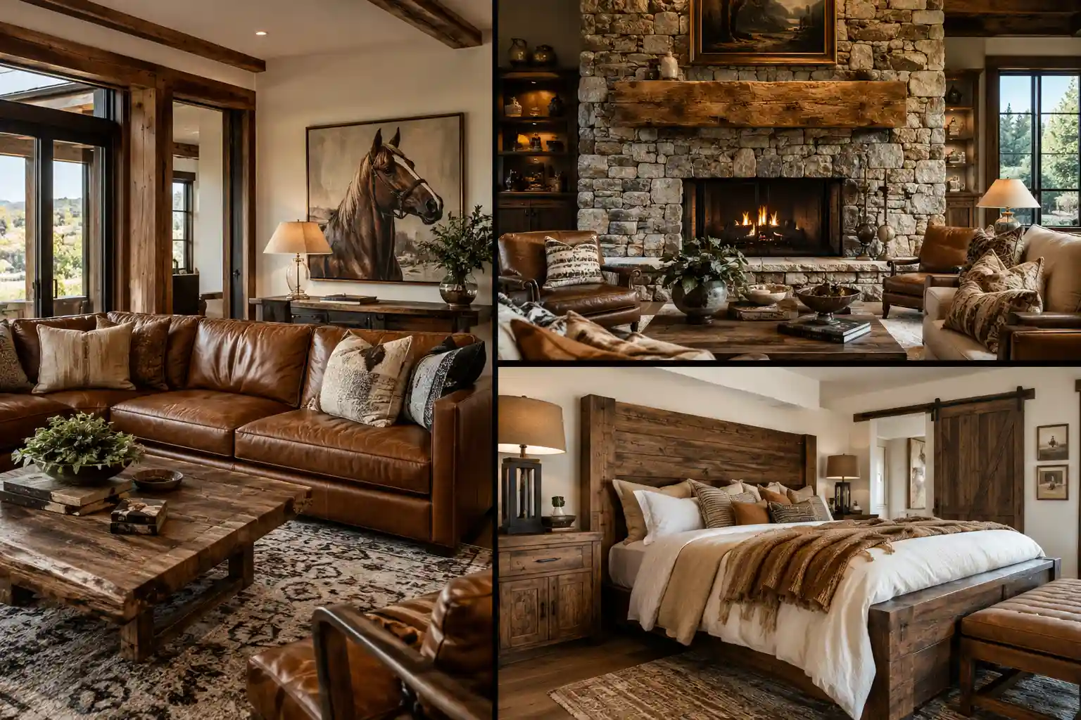 Luxury Western home decor ideas collage featuring a cognac leather living room with rustic wood furniture and horse artwork, a natural stone fireplace with reclaimed wood mantel, and a warm Western bedroom with an oversized wood headboard, layered neutral bedding, exposed timber beams, textured rugs, and polished modern ranch-style interiors.
