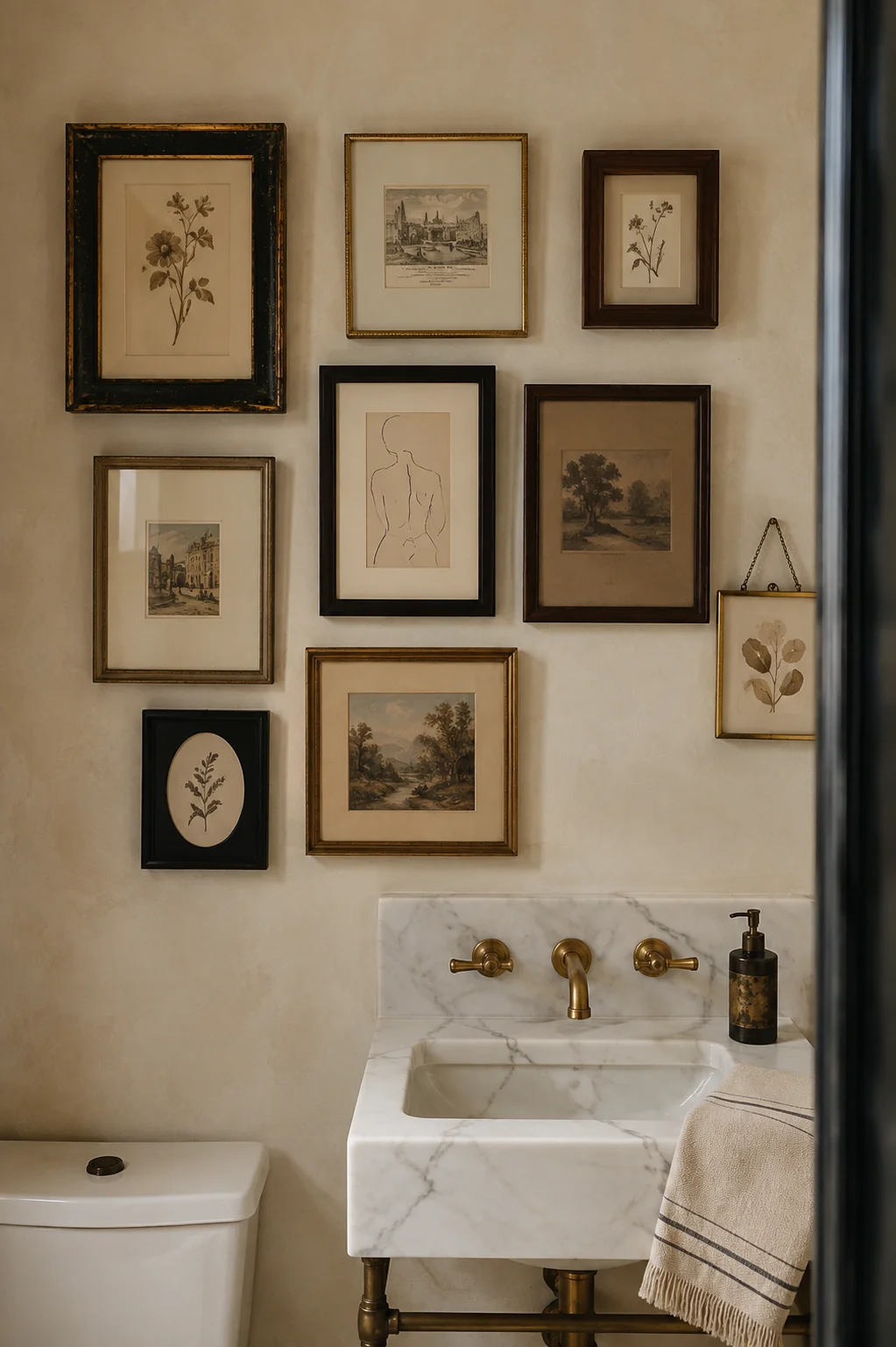 Stylish small bathroom featuring a curated micro gallery wall with framed artwork above a compact sink, warm plaster walls, and elegant neutral decor.