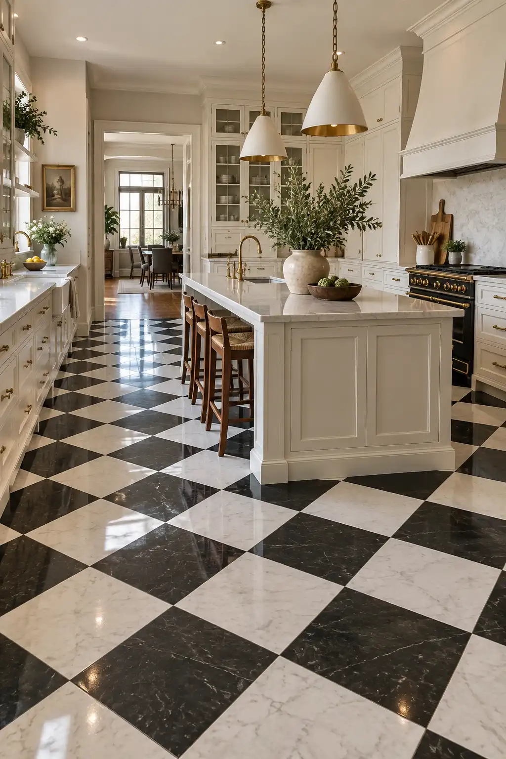 Classic black and white checkerboard floor in an elegant traditional kitchen with warm white cabinetry, brass hardware, a central island, natural stone countertops, wood accents, and soft daylight.